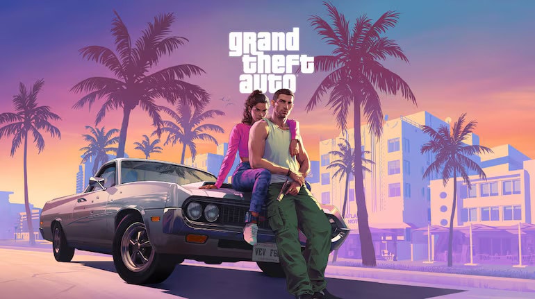 “GTA 6 teaser image with anticipated release date and Rockstar Games logo in the background.”