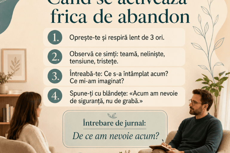 Două fotolii într-un cabinet de psihoterapie simbolizând frica de abandon și nevoia de siguranță emoțională