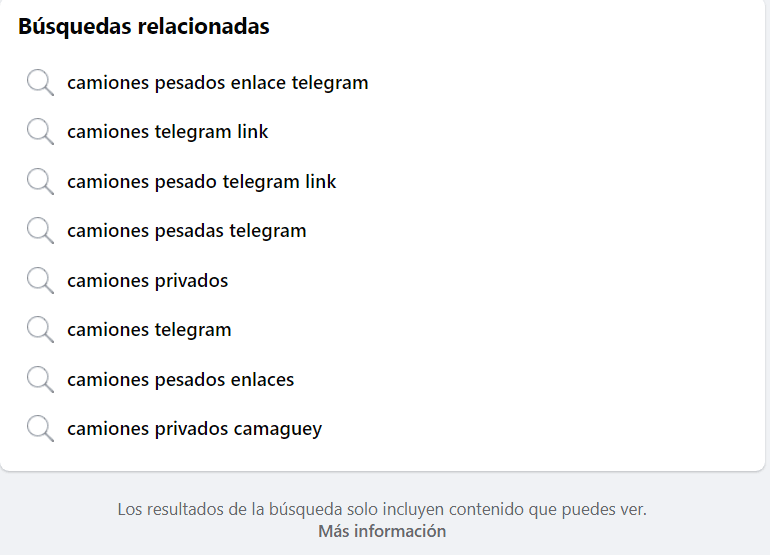 Recomendaciones automáticas dentro de Facebook después de buscar la frase “camiones pesados”.