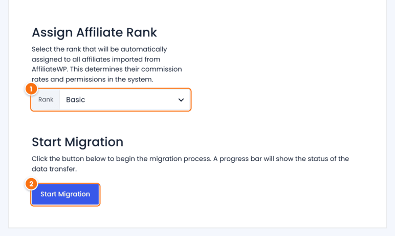 Migrate from AffiliateWP screen in Ultimate Affiliate Pro with the Rank selector under Assign Affiliate Rank and the Start Migration button