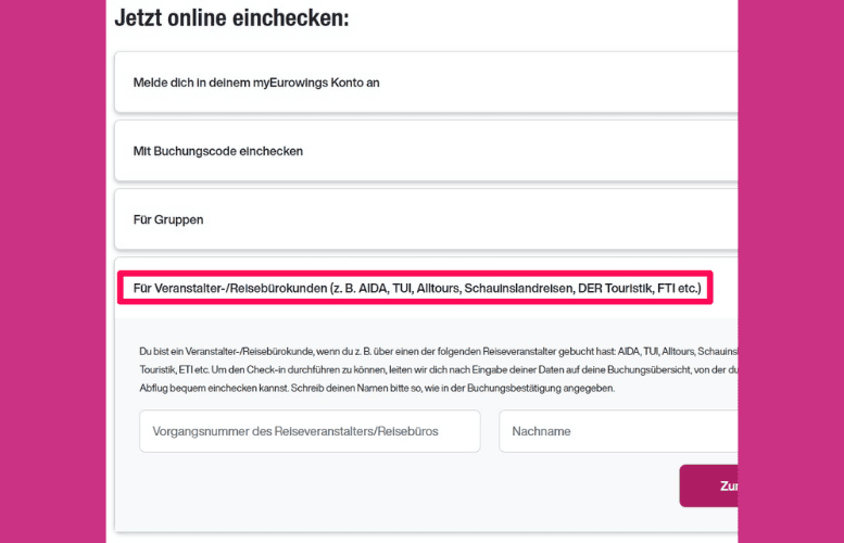 Für Veranstalter auswählen und Daten eingeben