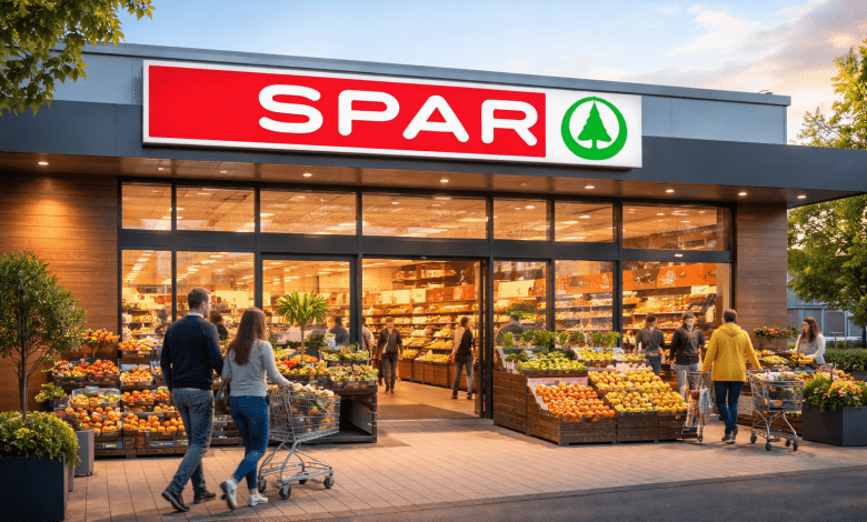 **Alt text:** A realistic exterior view of a modern SPAR supermarket at sunset, showing the red SPAR sign with a green tree logo above large glass windows. Shoppers are entering and exiting the store while fresh fruits and vegetables are displayed outside in crates, creating a busy