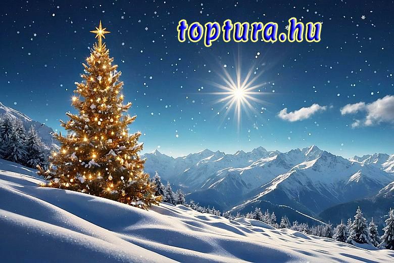 Kivilágított karácsonyfa havas hegyoldalon tájkép, toptura.hu felirattal