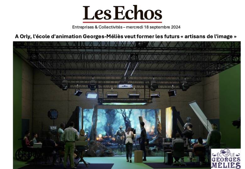 Clipping of the Les Échos article of 18 September 2024, headlined “A Orly, l’école d’animation Georges-Méliès veut former les futurs artisans de l’image”, with a photograph of the school's virtual production stage