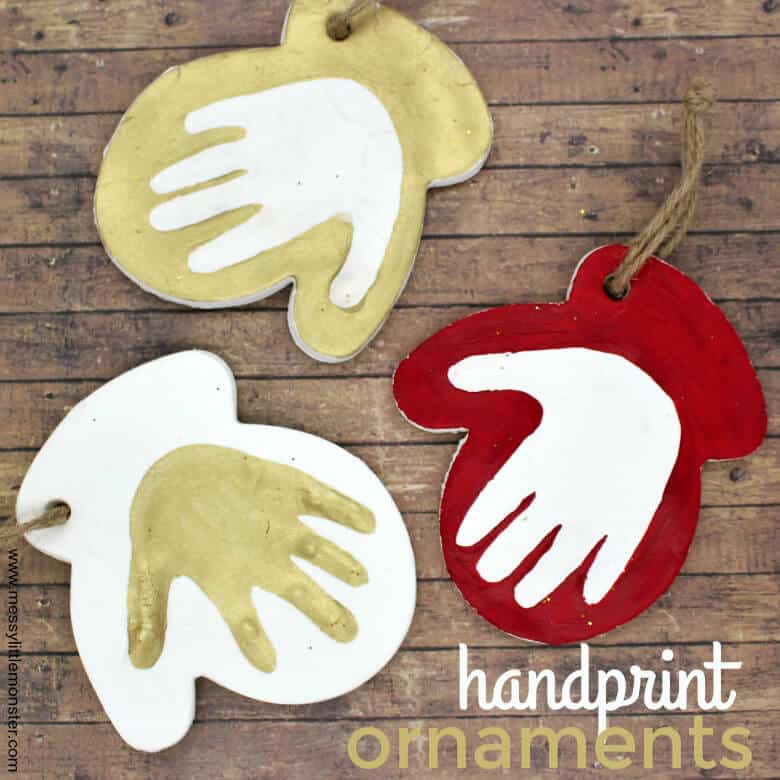 handprint ornaments made with homemade clay recipe for kids