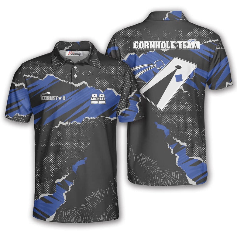 Custom Cornhole Polo Shirts for Men - Gray Blue Design