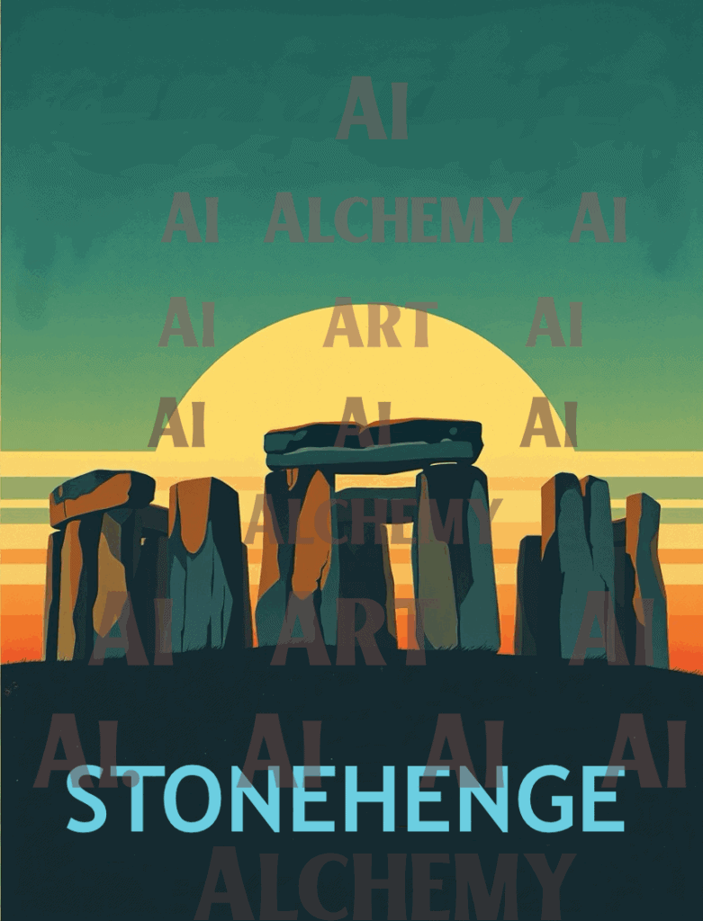 Vintage Stonehenge travel poster, minimalist pagan art, with moon Best ai art deco vintage art work wall art prints and posters uk aialchemyart.co.uk trending art