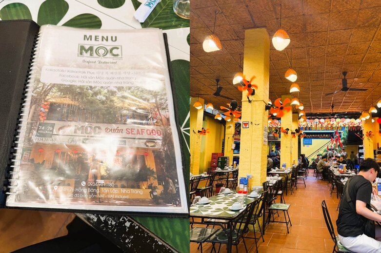 나트랑 해산물 식당 목 해산물 메뉴판과 내부 전경. 로컬 느낌 가득한 나트랑 씨푸드 맛집 인테리어 