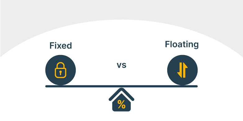 Simple comparison graphic showing fixed versus floating loan interest rates, with a lock icon for fixed rates and an adjustment icon for floating rates.