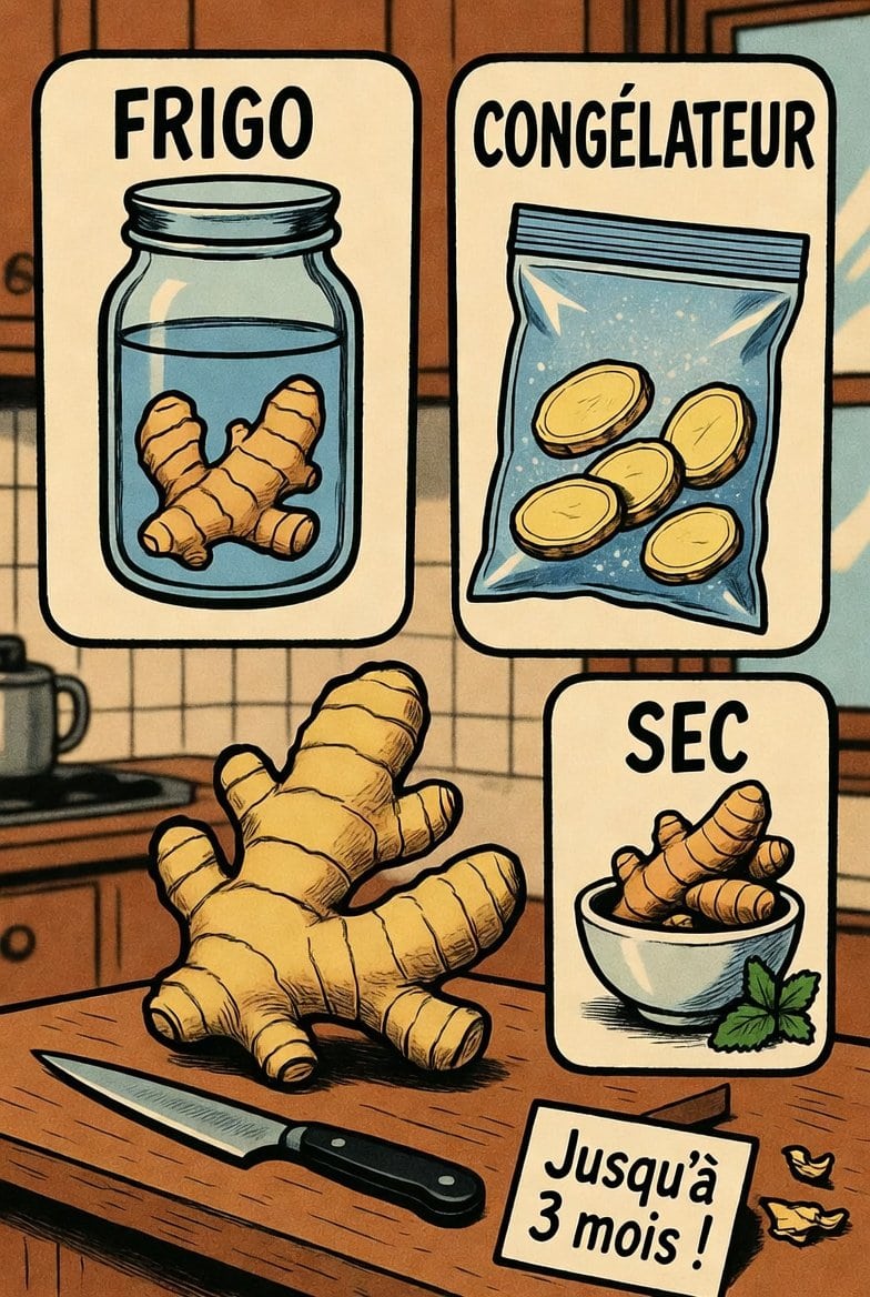 Illustration conservation gingembre frais : en bocal au frigo, congelé en pièces, ou sec jusqu’à 3 mois