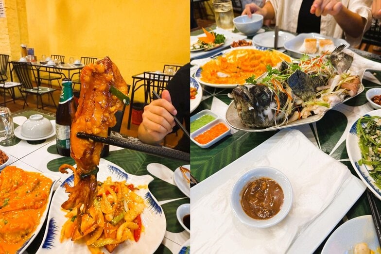 나트랑 씨푸드 전문 식당 목(Mộc)의 상차림. 조리된 생선요리와 볶음 해산물 메뉴가 메인, 현지 분위기 그대로 