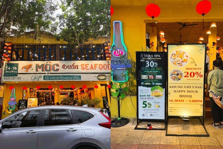 나트랑 목(Mộc) 해산물 식당 입구에 설치된 해피아워 할인 안내판과 타라스파 홍보 배너, 오전 10시 30분부터 오후 3시까지 20% 할인 