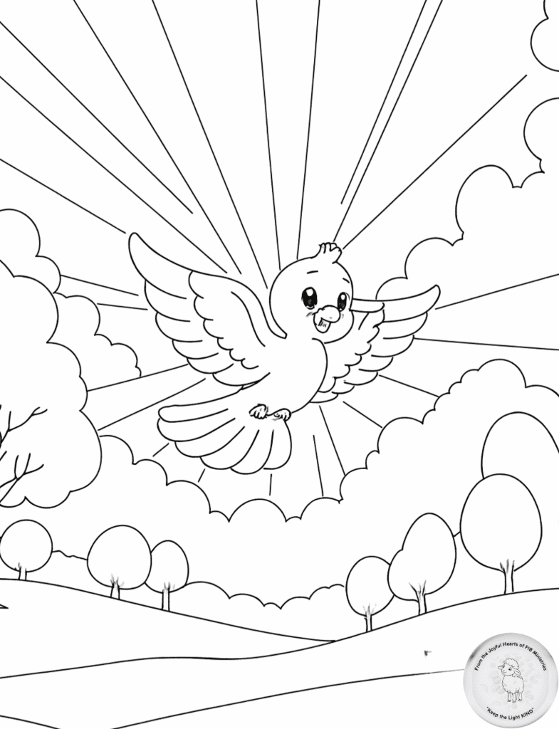 Coloring page of a joyful bird flying in sunlight over hills and trees.