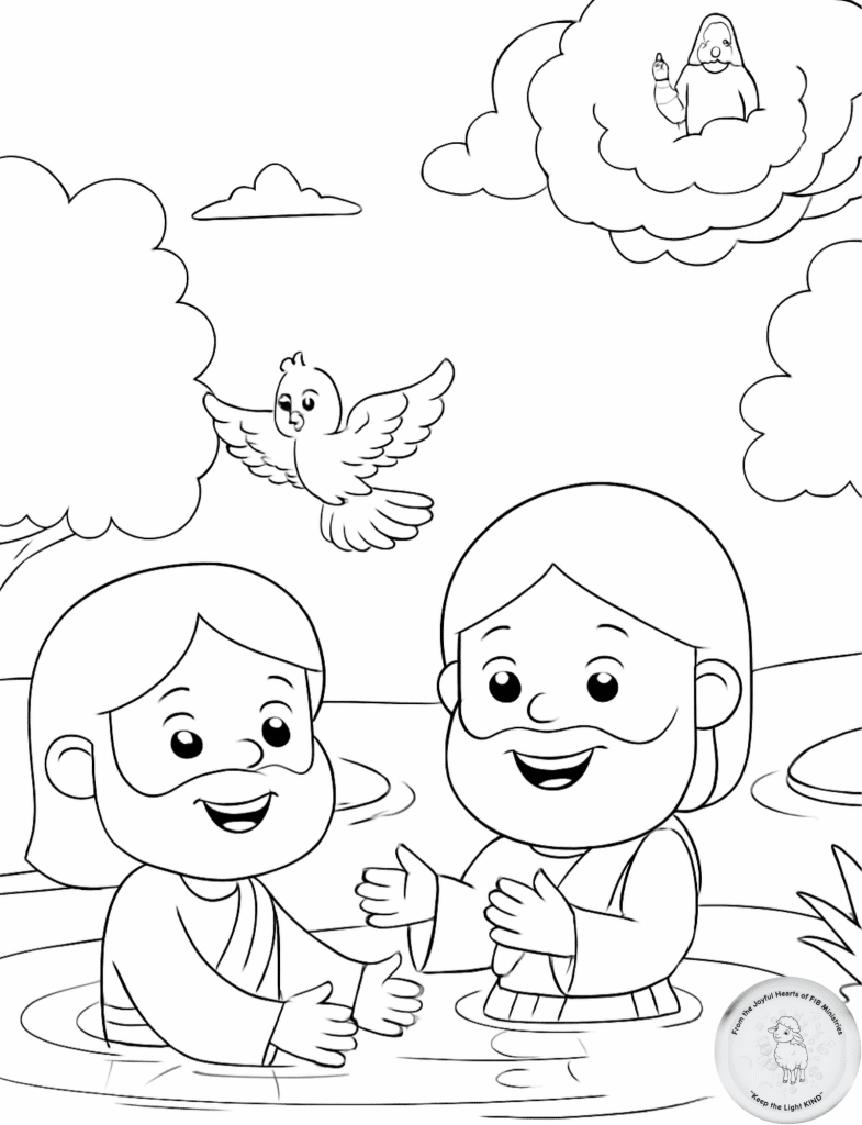 Coloring page of Jesus being baptized by John in the river, with the Holy Spirit descending as a dove and God watching from above.