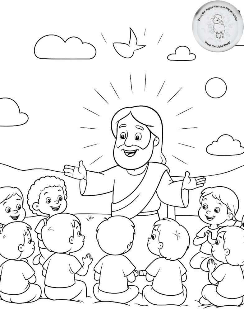 Coloring page of Jesus surrounded by joyful children in a radiant outdoor setting with clouds and hills.