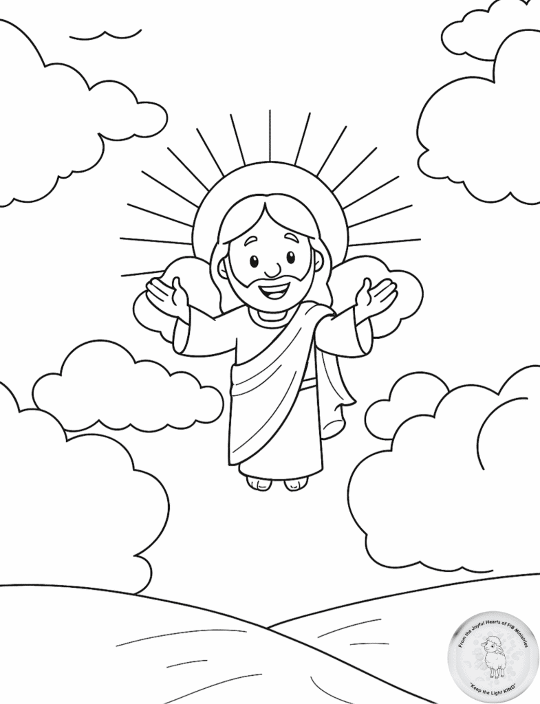 Coloring page of Jesus ascending into Heaven with radiant light, open arms, clouds, and hills below.