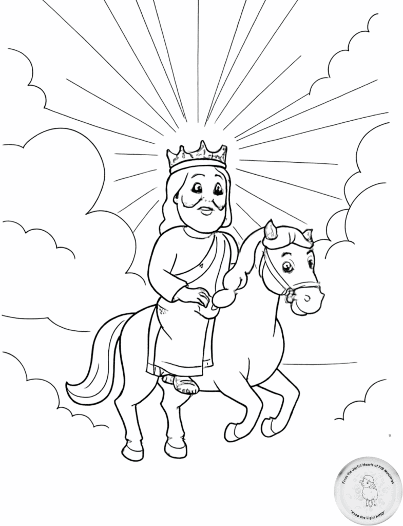 Coloring page of a crowned King riding a horse through radiant clouds, symbolizing Jesus returning in glory.