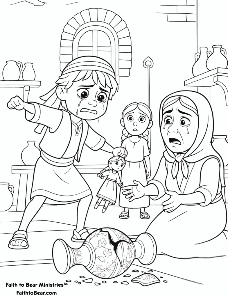 Reuben as a boy cries in remorse, holding his sister’s doll, while his sister looks in shock and his grandmother weeps over her broken vase