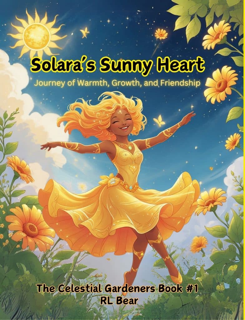 Solara, a radiant girl in a flowing yellow dress, dances joyfully among sunflowers under a glowing sun and starry sky. The scene evokes warmth, growth, and spiritual light.