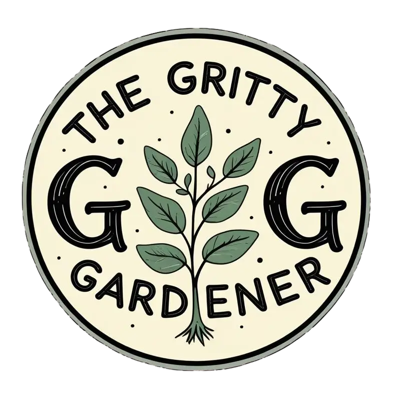 The Gritty Gardener logo, a circular design with two large G's and a green plant illustration in the center.