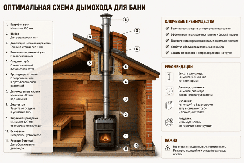 Оптимальная схема дымохода для бани