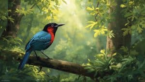 Colorful bird perched in lush forest