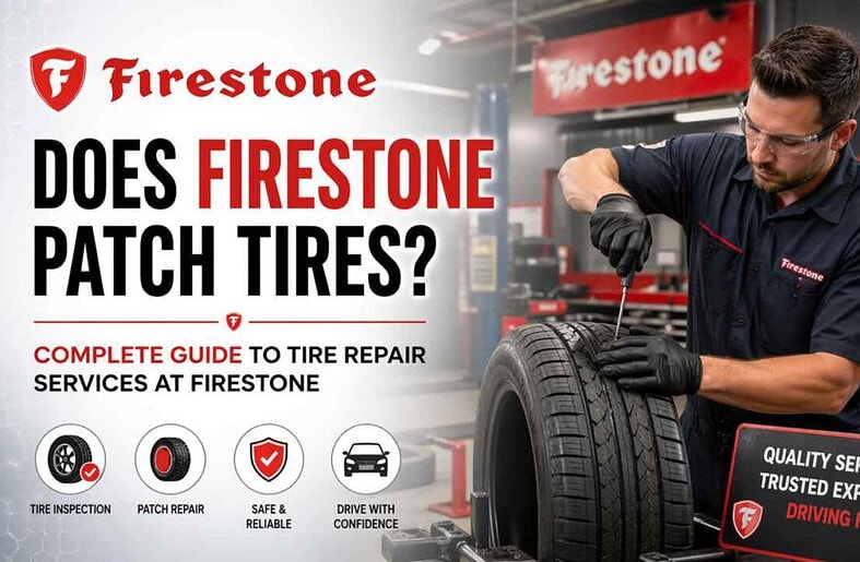 Firestone technician patching a tire in service garage