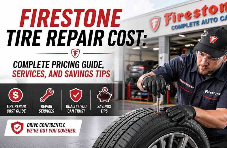 Firestone tire repair cost and services guide with mechanic fixing tire