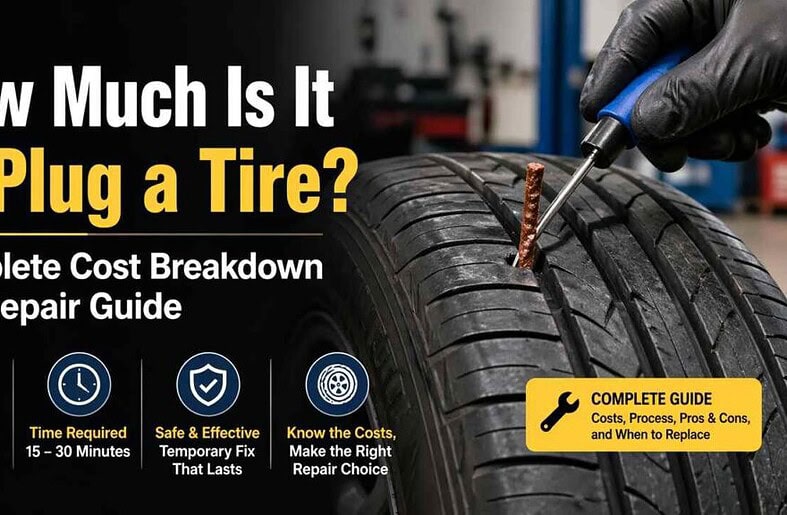 Mechanic plugging a punctured tire with repair tool