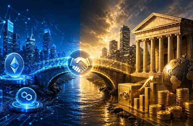 DeFi and CeFi integration concept with bridge connecting blockchain and traditional banking systems
