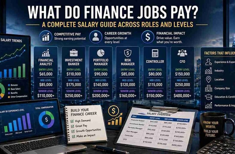 Finance job salaries across roles and experience levels infographic