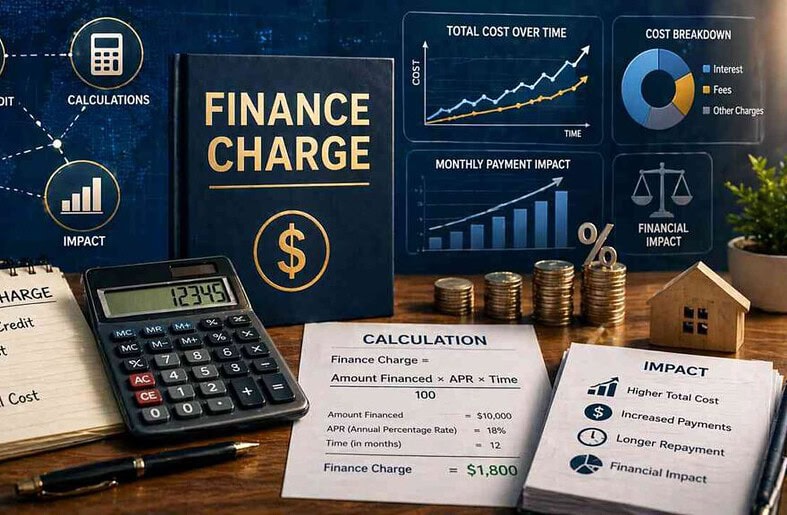Finance charge calculation with calculator, charts, and cost breakdown visuals