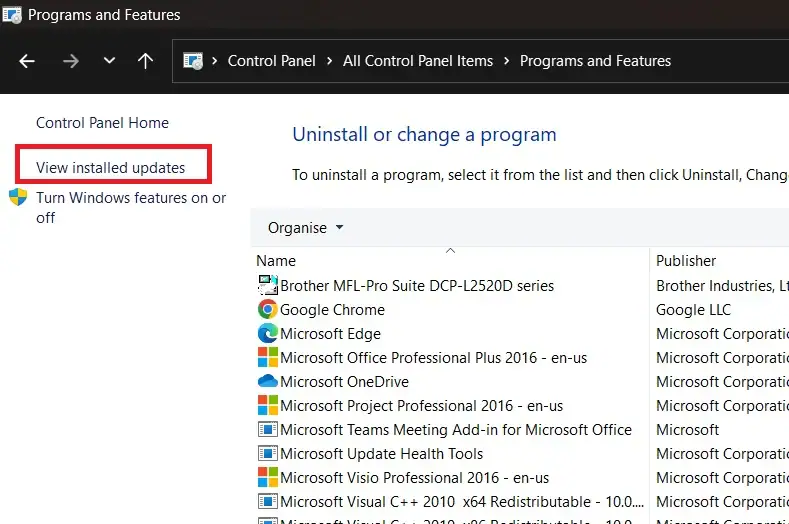 uninstall windows update via control panel