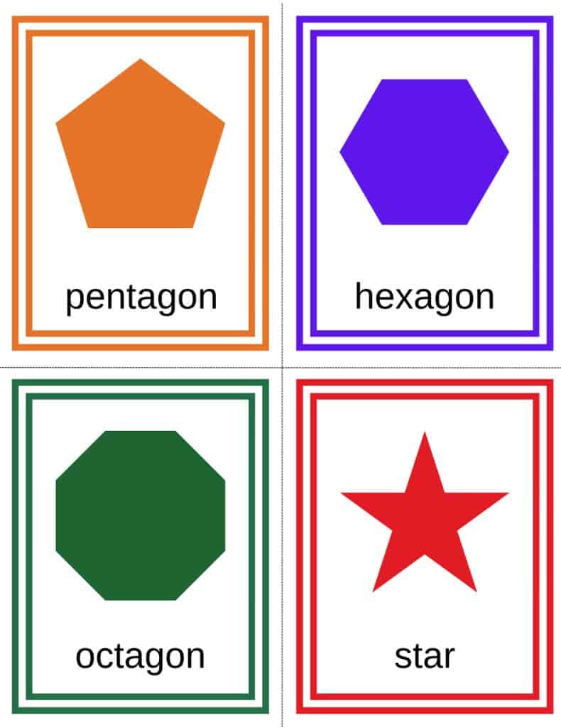 orange pentagon, purple hexagon, green octagon, and red star flashcards