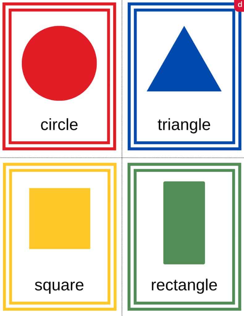 red circle, blue triangle, yellow square, and green rectangle flashcards