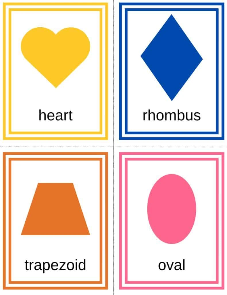 yellow heart, blue rhombus, orange trapezoid, pink oval flashcards