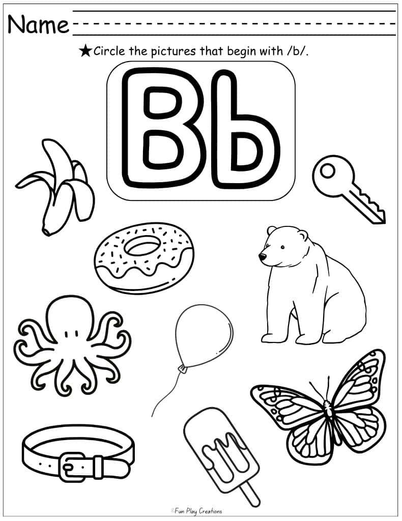 worksheet featuring graphics with instructions to circle the pictures that begin with B