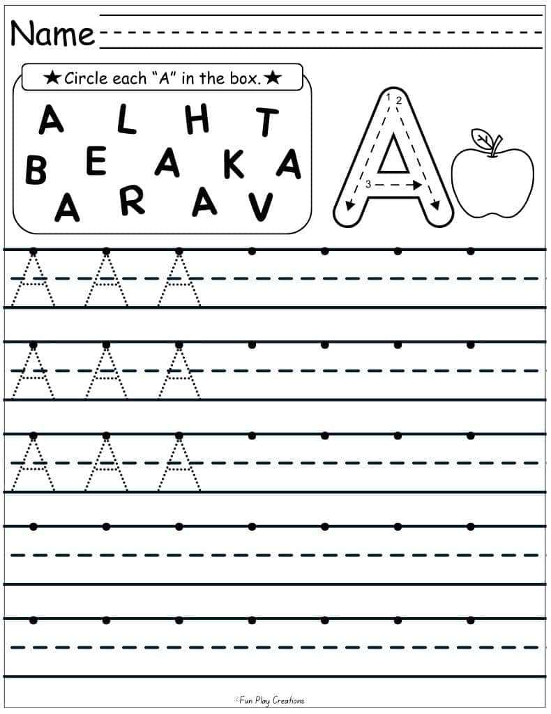 worksheet with handwriting lines and examples for drawing capital A