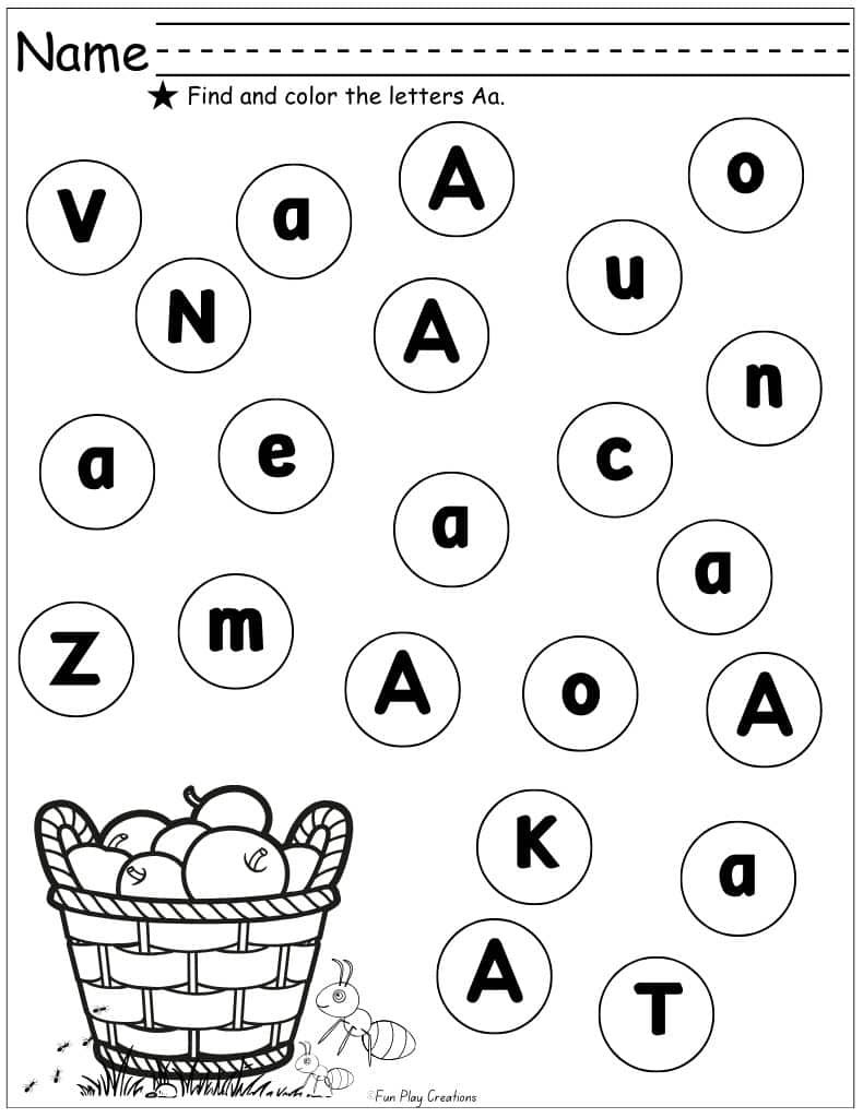 worksheet with apples graphic and circles with letters inside directing students to locate capital and lowercase A