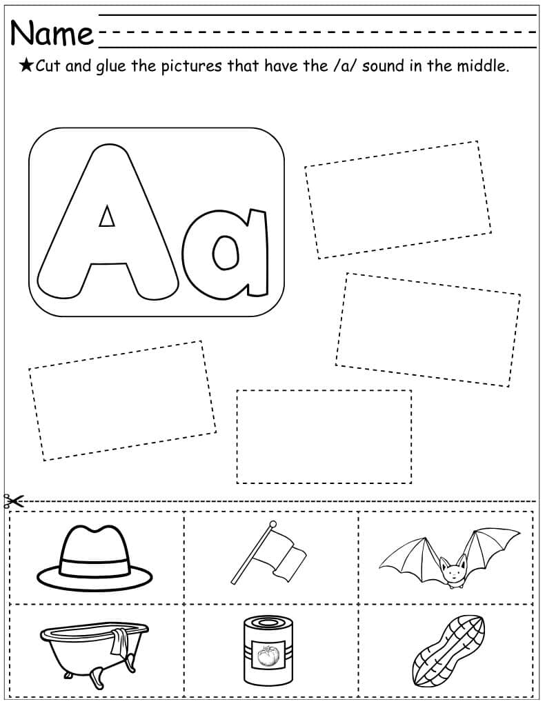 worksheet directing students to cut and glue middle /a/ pictures