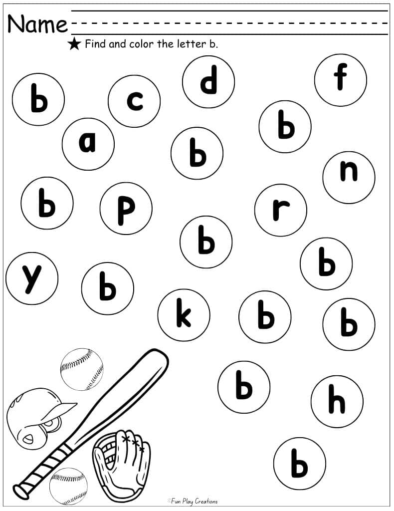 worksheet with graphics of baseball items and bubbles featuring lowercase letters of the alphabet
