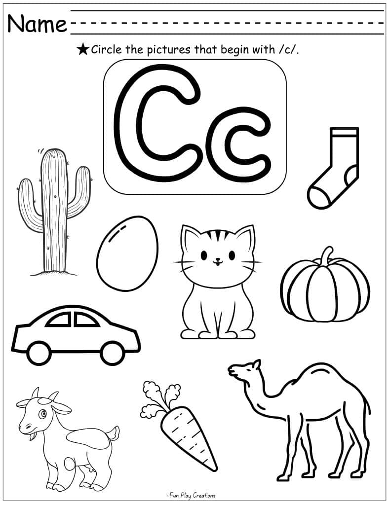worksheet with graphics and directions to color the pictures that begin with letter c
