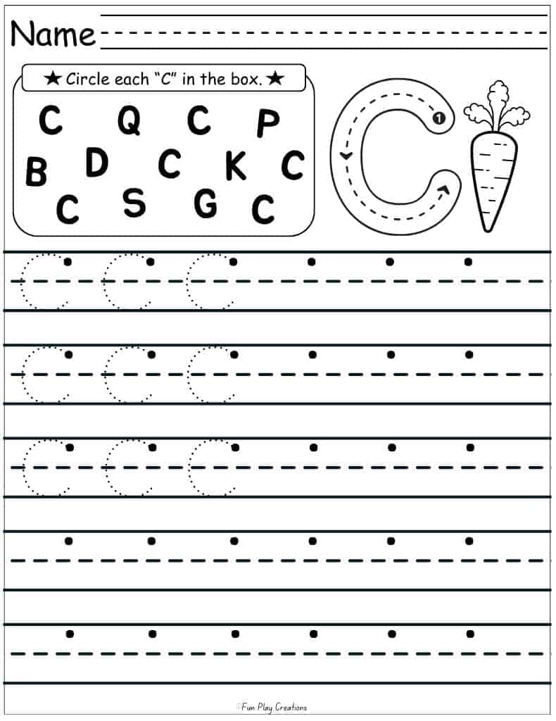 Lined worksheet for tracing and writing capital C