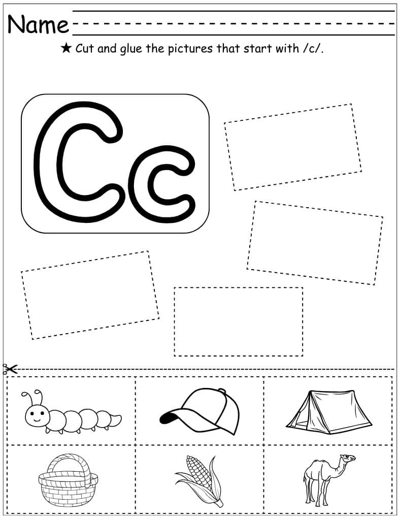worksheet with graphics and directions to cut and glue the pictures that start with c