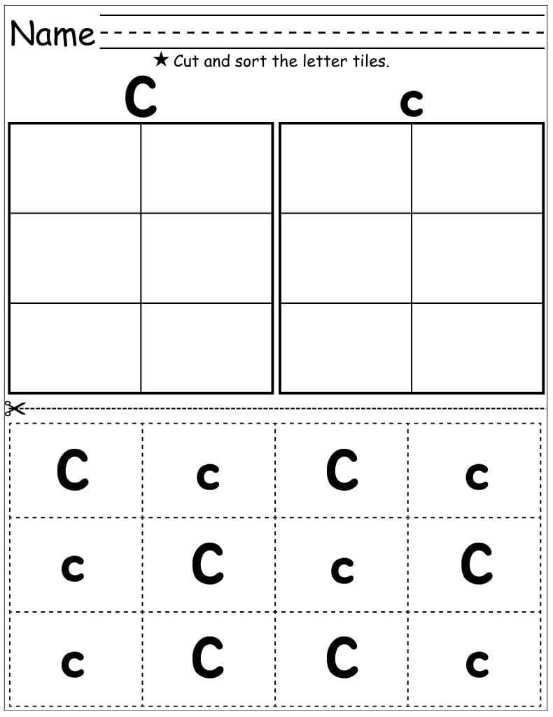Worksheet with Capital and Lowercase C tables and Cc letter tiles to sort into the correct spots
