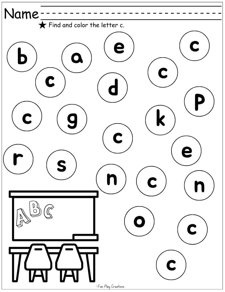 worksheet with circles containing lowercase letters and directions to color the c's