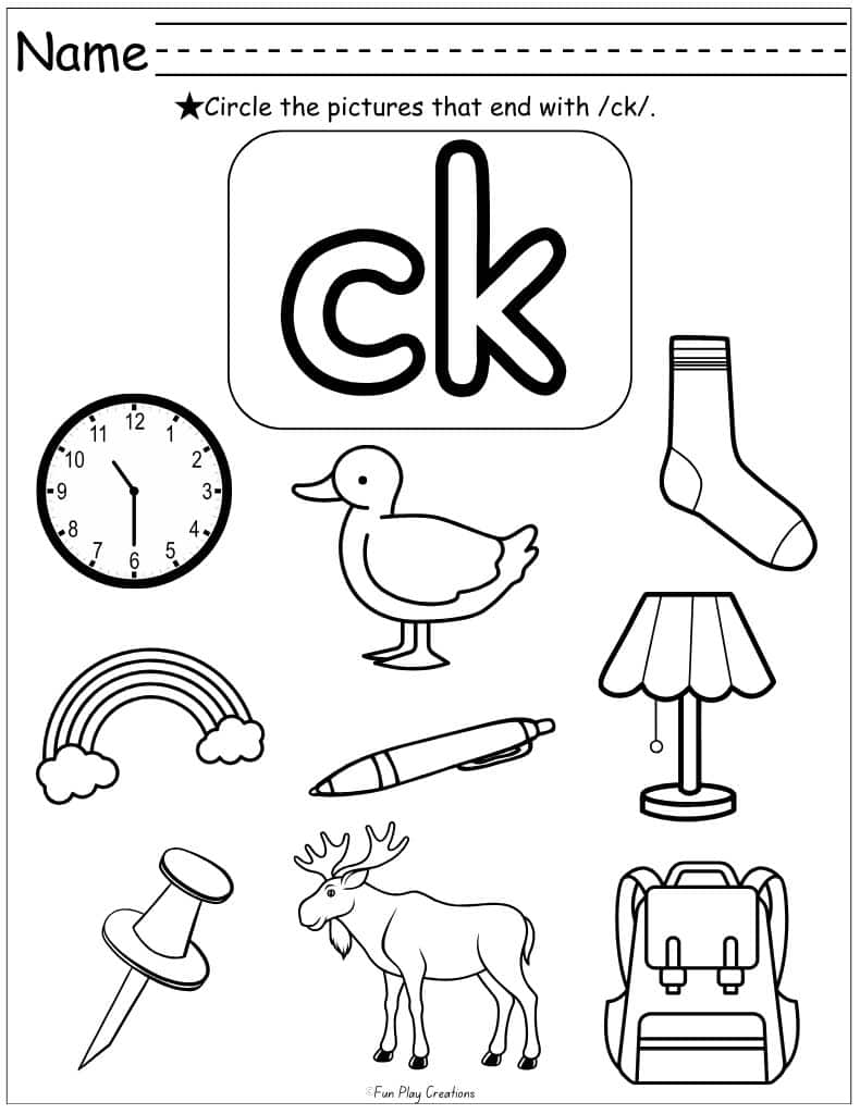 worksheet with graphics and directions to color the pictures that end with the ck sound