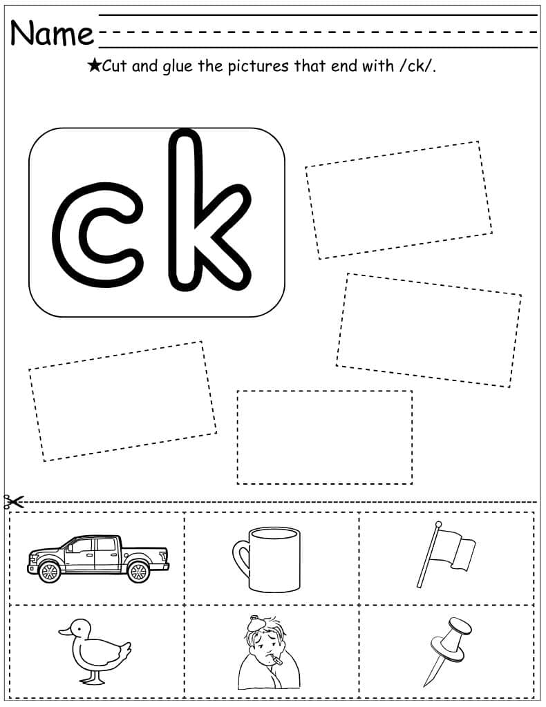 worksheet with graphics and directions to cut and glue the pictures that end with the ck sound