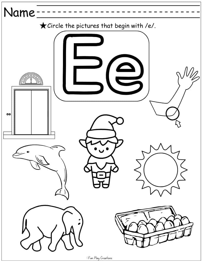 worksheet with grapics and instructions to circle the pictures that start with e