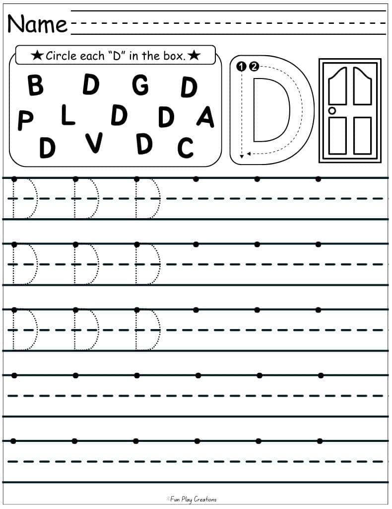 worksheet with diagram showing how to form a capital D and primary lines to trace and write the letter